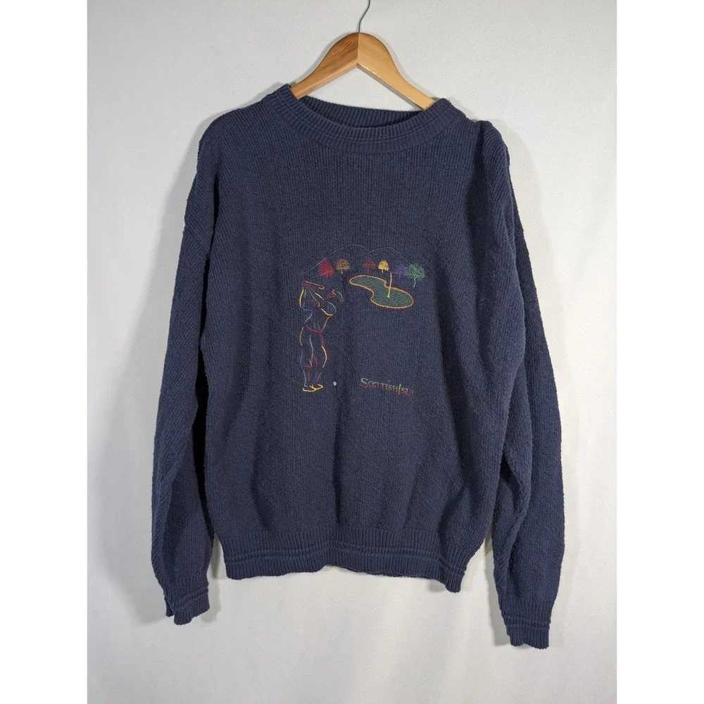 Vintage Y2k Golf Sweater Embroidered Blue Men's Size Large Golf Scottish Isles